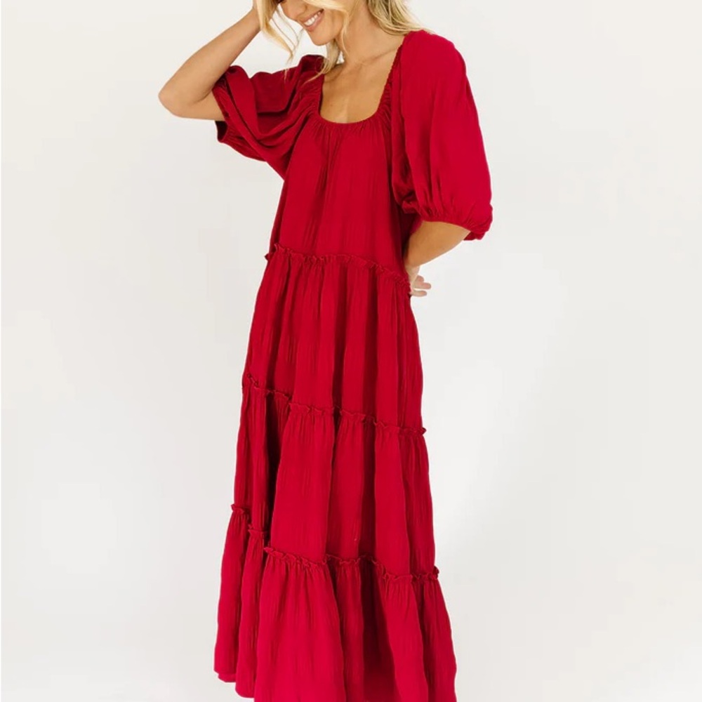 Women's Red Tiered Maxi Dress with Puff Sleeves